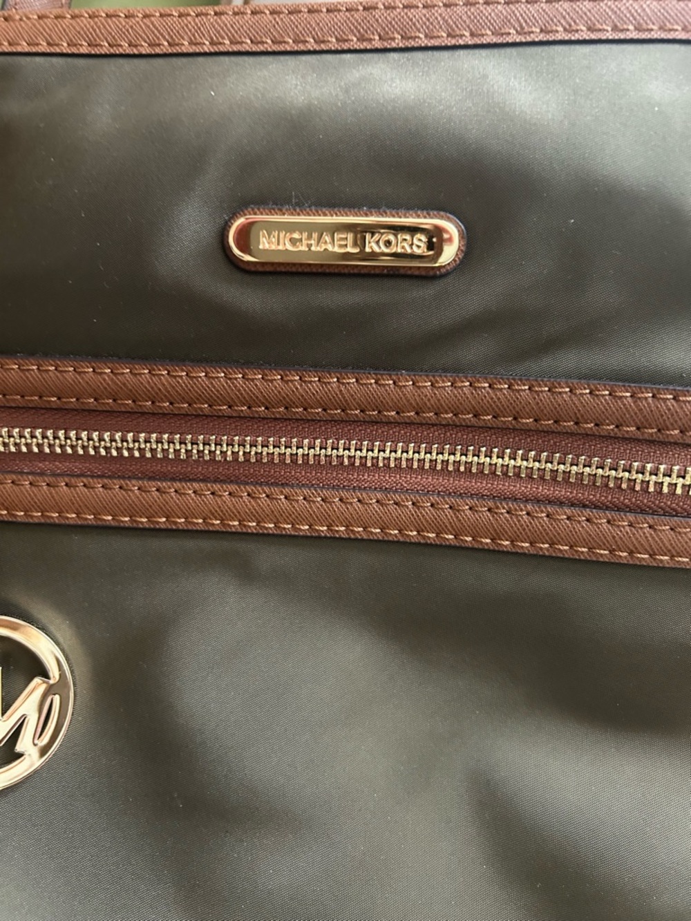 Michael Kors Olive Green Tote with Brown Leather Trim & Gold Charm - Picture 3 of 9
